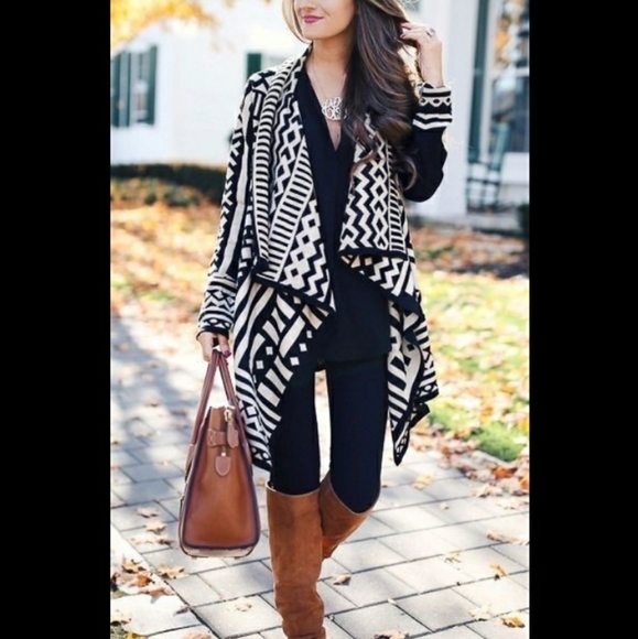 Say What? Sweaters - Say What? Size L, Black & White Aztec Mixed Print Open Drape Cardigan